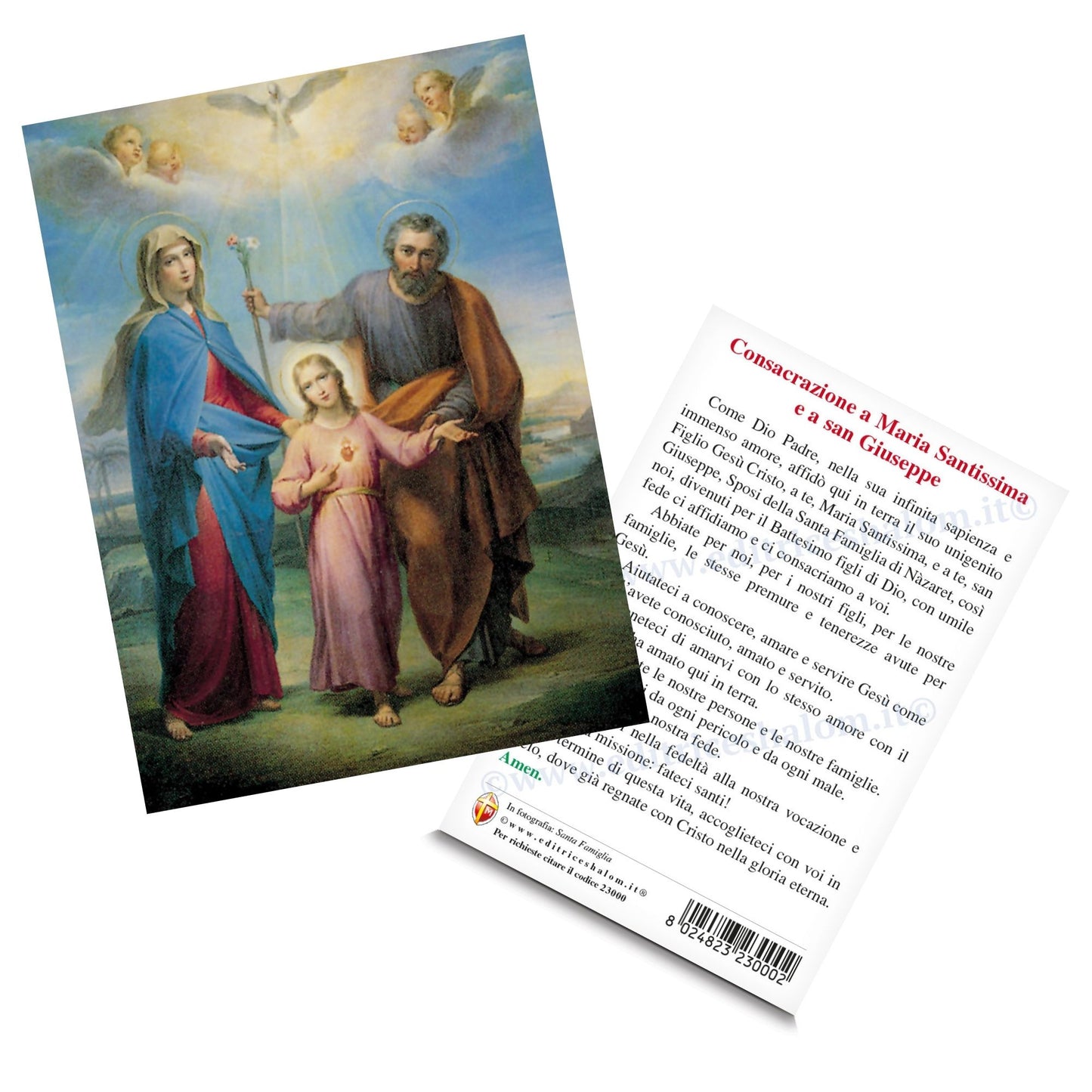 Cartolina santa Famiglia. Sul retro "Consacrazione a Maria santissima e a san Giuseppe"