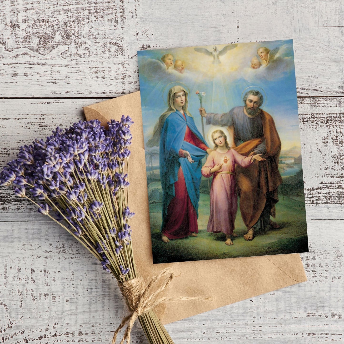 Cartolina santa Famiglia. Sul retro "Consacrazione a Maria santissima e a san Giuseppe"