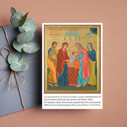 Cartolina presentazione di Gesù nel tempio, icona contemporanea. Sul retro "Signore Gesù benedici, proteggi, custodisci e guida la famiglia"