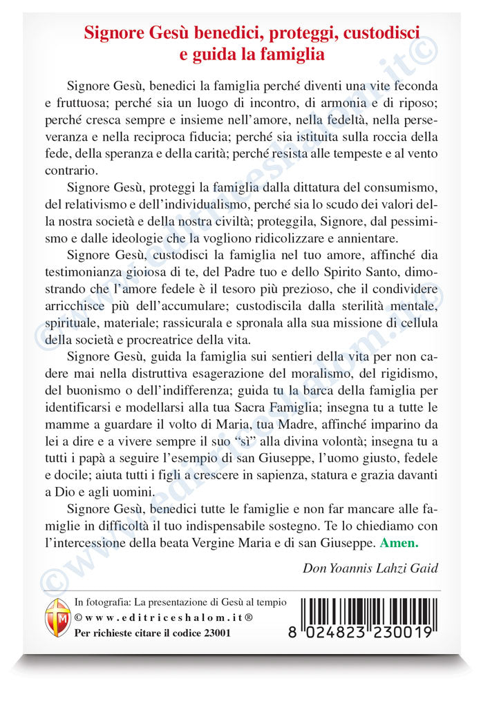Cartolina presentazione di Gesù nel tempio, icona contemporanea. Sul retro "Signore Gesù benedici, proteggi, custodisci e guida la famiglia"