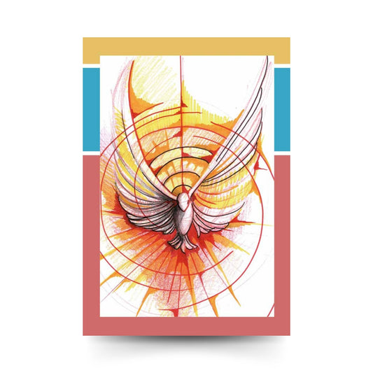 Cartolina colomba Spirito Santo. Sul retro "I sette doni" e preghiera "Sequenza allo Spirito Santo"