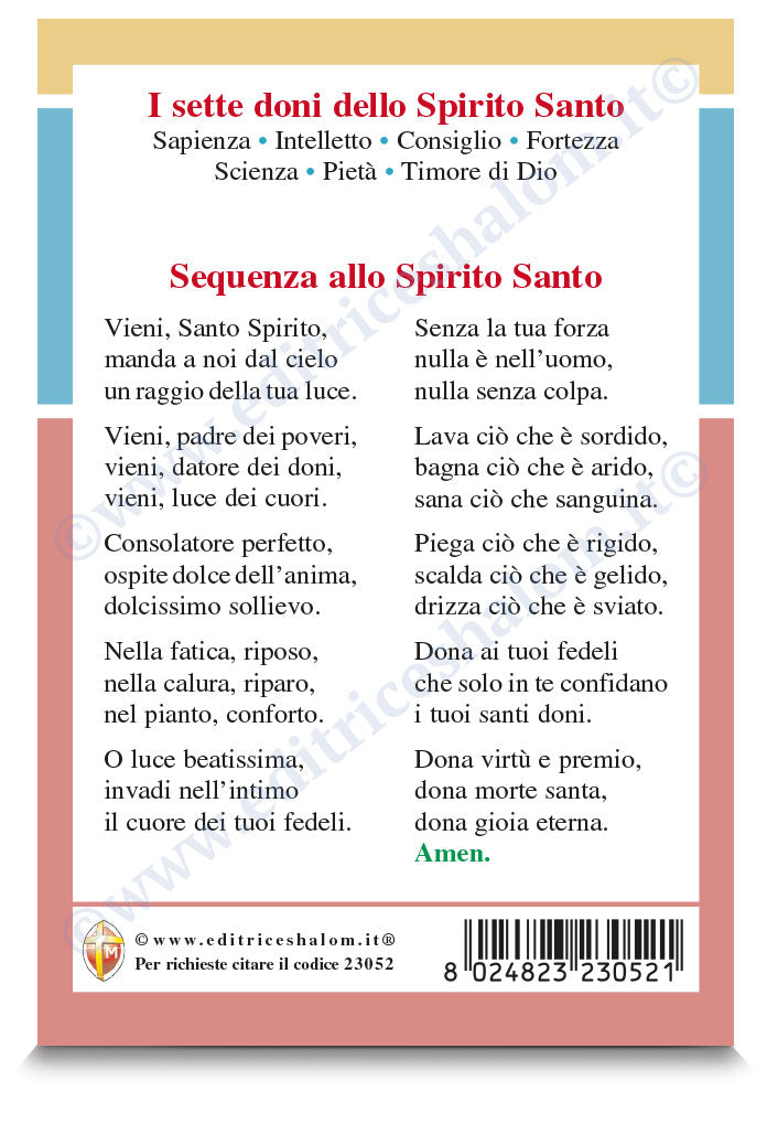 Cartolina colomba Spirito Santo. Sul retro "I sette doni" e preghiera "Sequenza allo Spirito Santo"