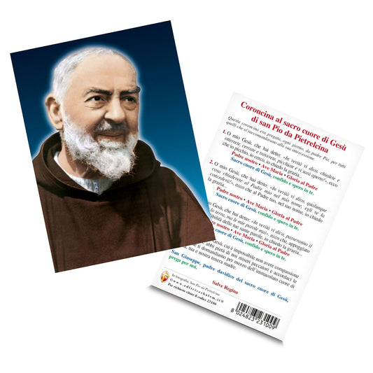 Cartolina san Pio da Pietrelcina. Sul retro "Coroncina al sacro cuore di Gesù di san Pio da Pietrelcina".