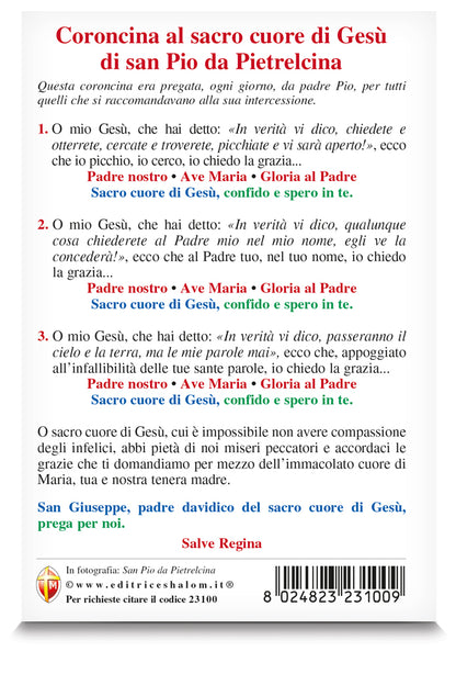 Cartolina san Pio da Pietrelcina. Sul retro "Coroncina al sacro cuore di Gesù di san Pio da Pietrelcina".