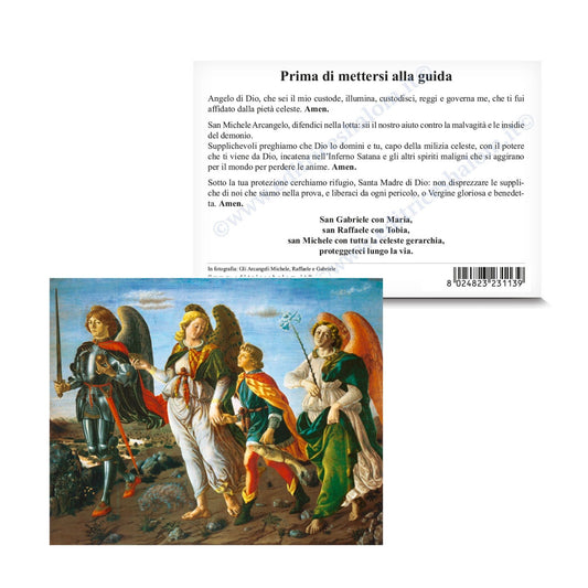 Cartolina arcangeli. Sul retro "Preghiera prima di mettersi alla guida"