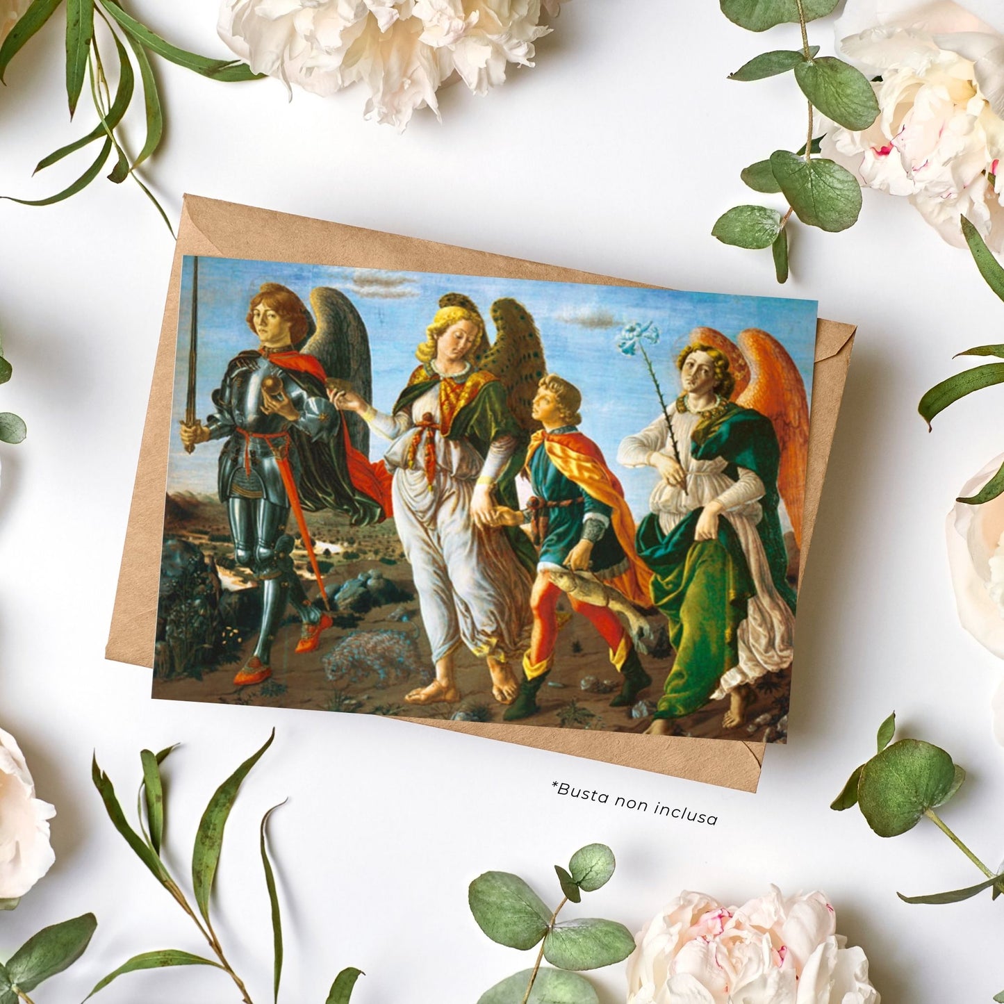 Cartolina arcangeli. Sul retro "Preghiera prima di mettersi alla guida"