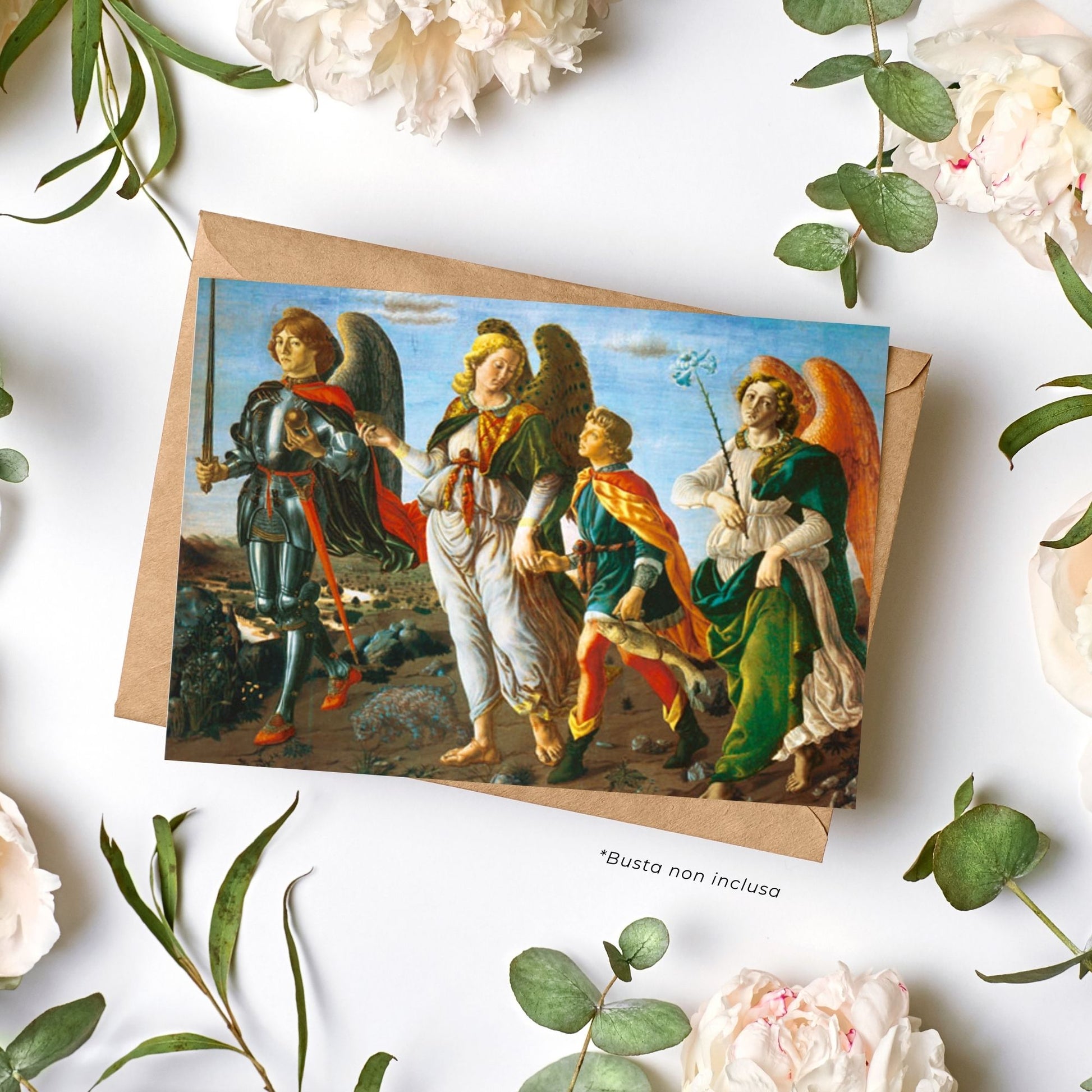 Cartolina arcangeli. Sul retro "Preghiera prima di mettersi alla guida"