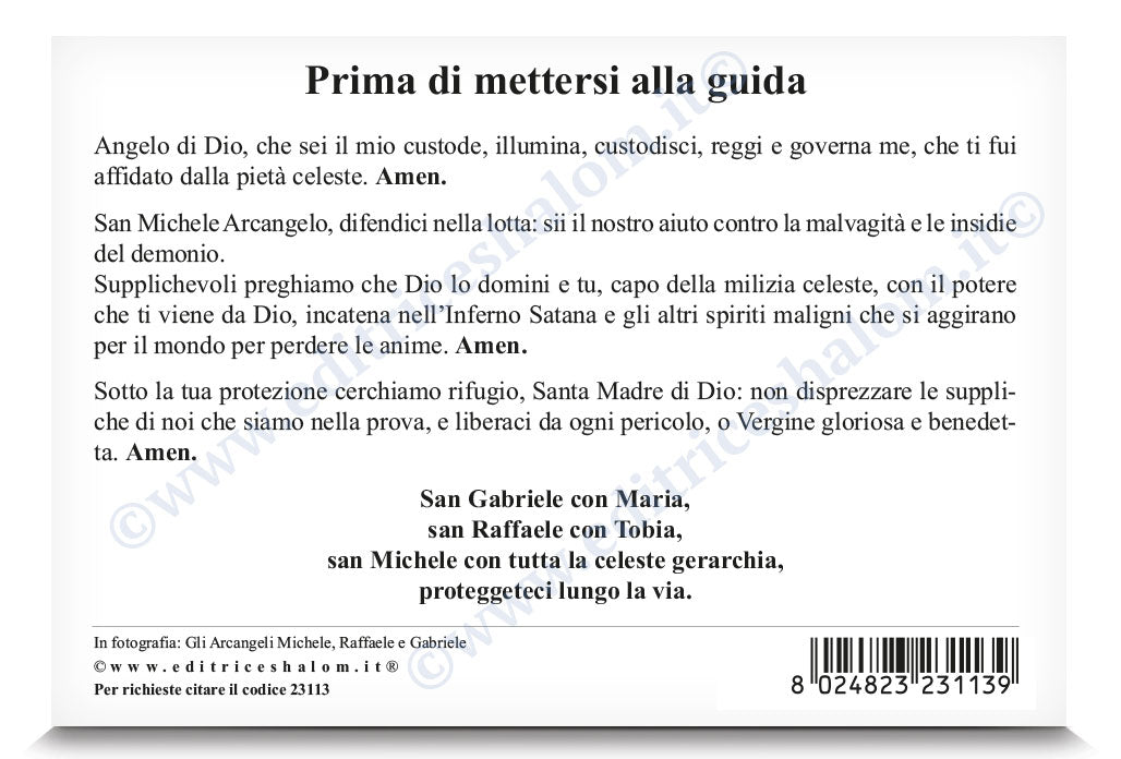 Cartolina arcangeli. Sul retro "Preghiera prima di mettersi alla guida"