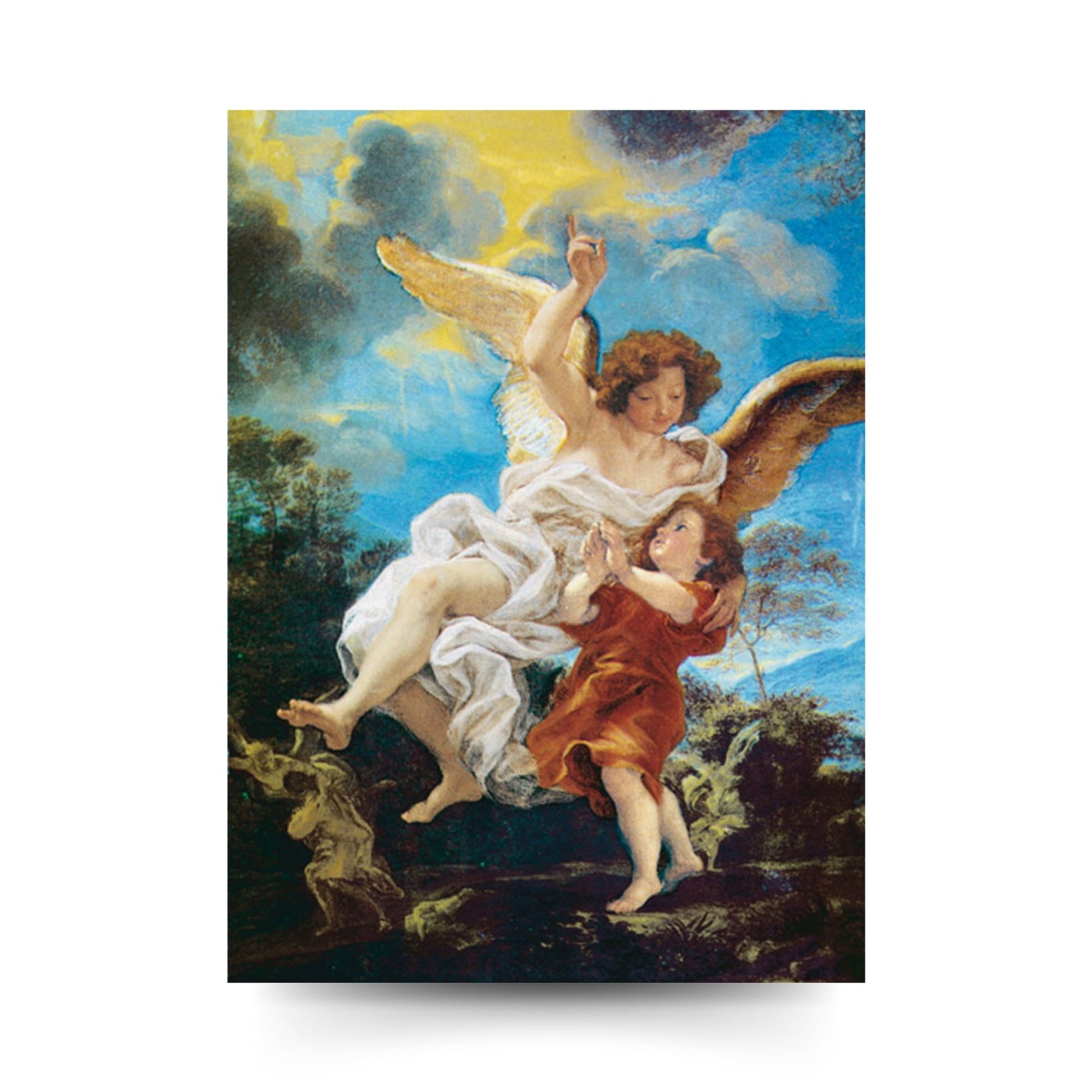 Cartolina angelo custode. Sul retro "Preghiera all'angelo custode"
