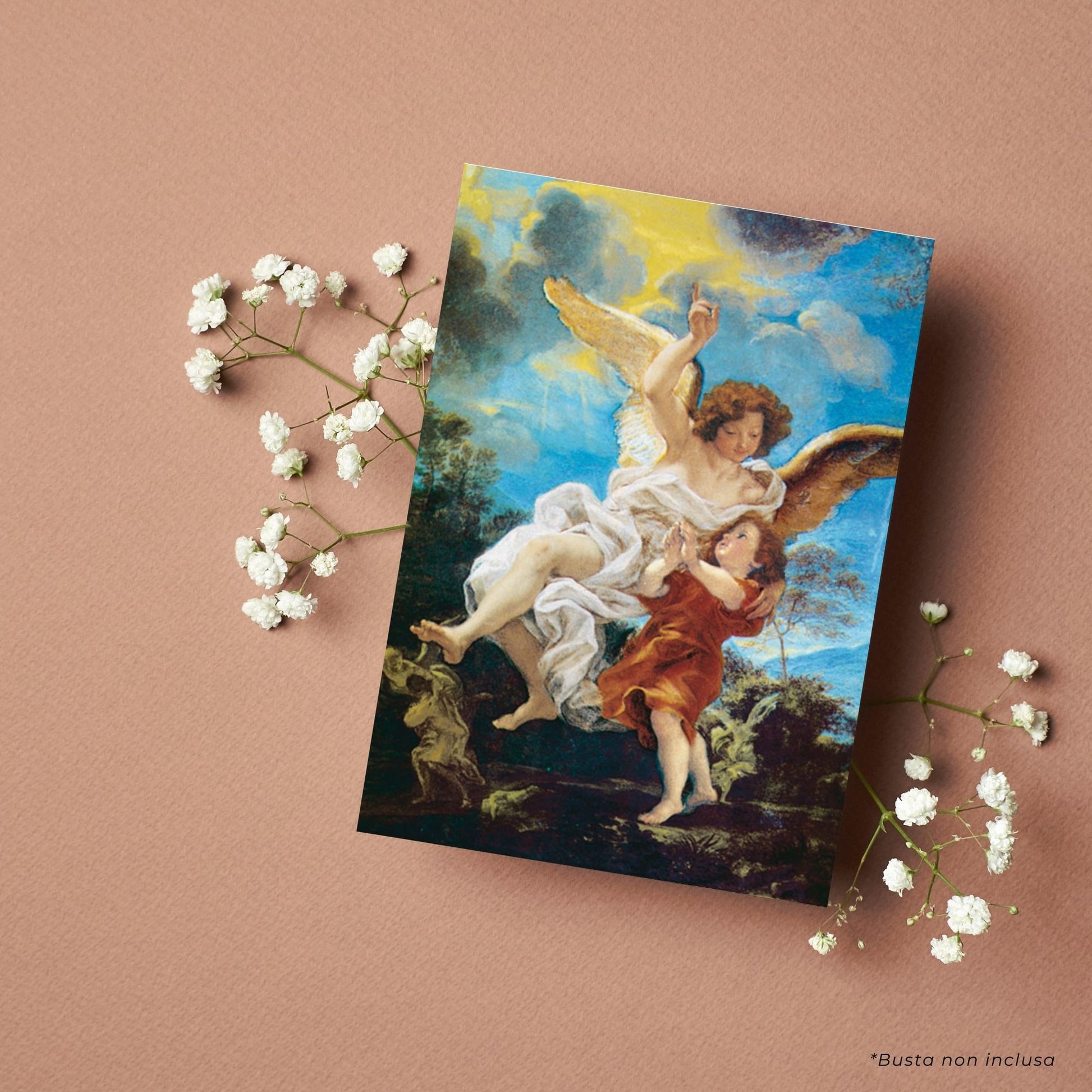 Cartolina angelo custode. Sul retro "Preghiera all'angelo custode"