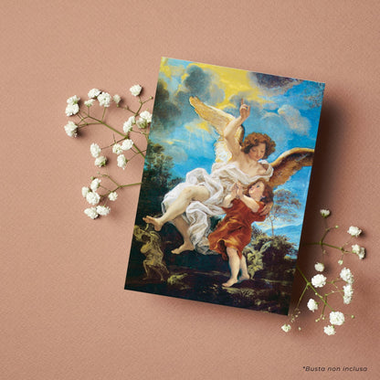 Cartolina angelo custode. Sul retro "Preghiera all'angelo custode"