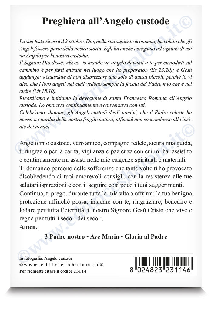 Cartolina angelo custode. Sul retro "Preghiera all'angelo custode"
