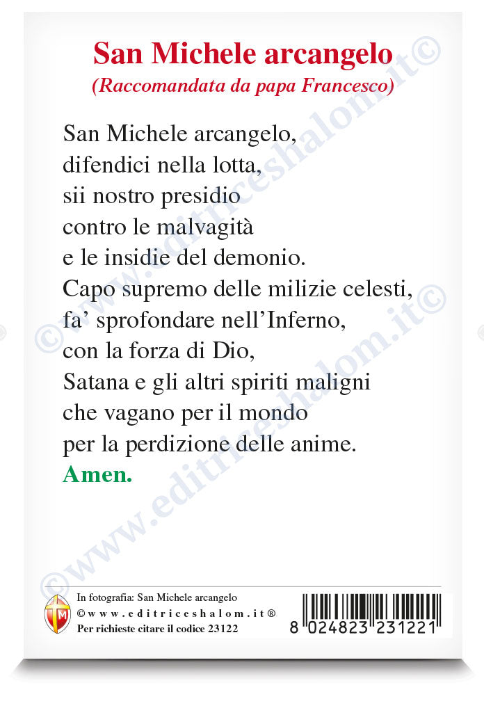 Cartolina San Michele Arcangelo con retro "Preghiera a San Michele" raccomandata da Papa Francesco