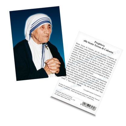 Cartolina madre Teresa con le mani giunte. Sul retro "Preghiera alla beata madre Teresa di Calcutta"