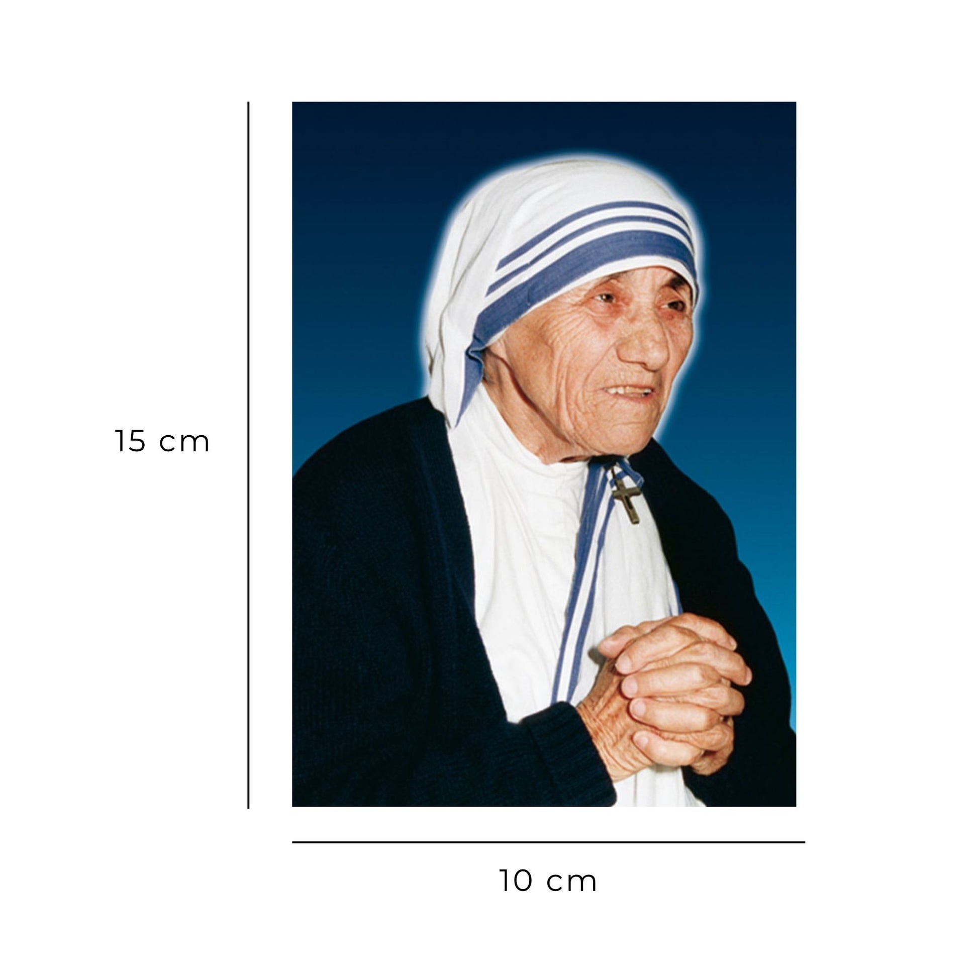 Cartolina madre Teresa con le mani giunte. Sul retro "Preghiera alla beata madre Teresa di Calcutta"