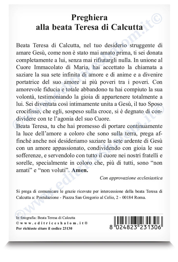 Cartolina madre Teresa con le mani giunte. Sul retro "Preghiera alla beata madre Teresa di Calcutta"
