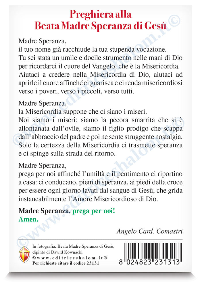 Cartolina Beata Madre Speranza di Gesù. Sul retro "Preghiera alla Beata Madre Speranza di Gesù"
