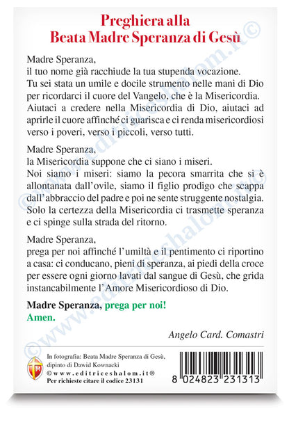 Cartolina Beata Madre Speranza di Gesù. Sul retro "Preghiera alla Beata Madre Speranza di Gesù"