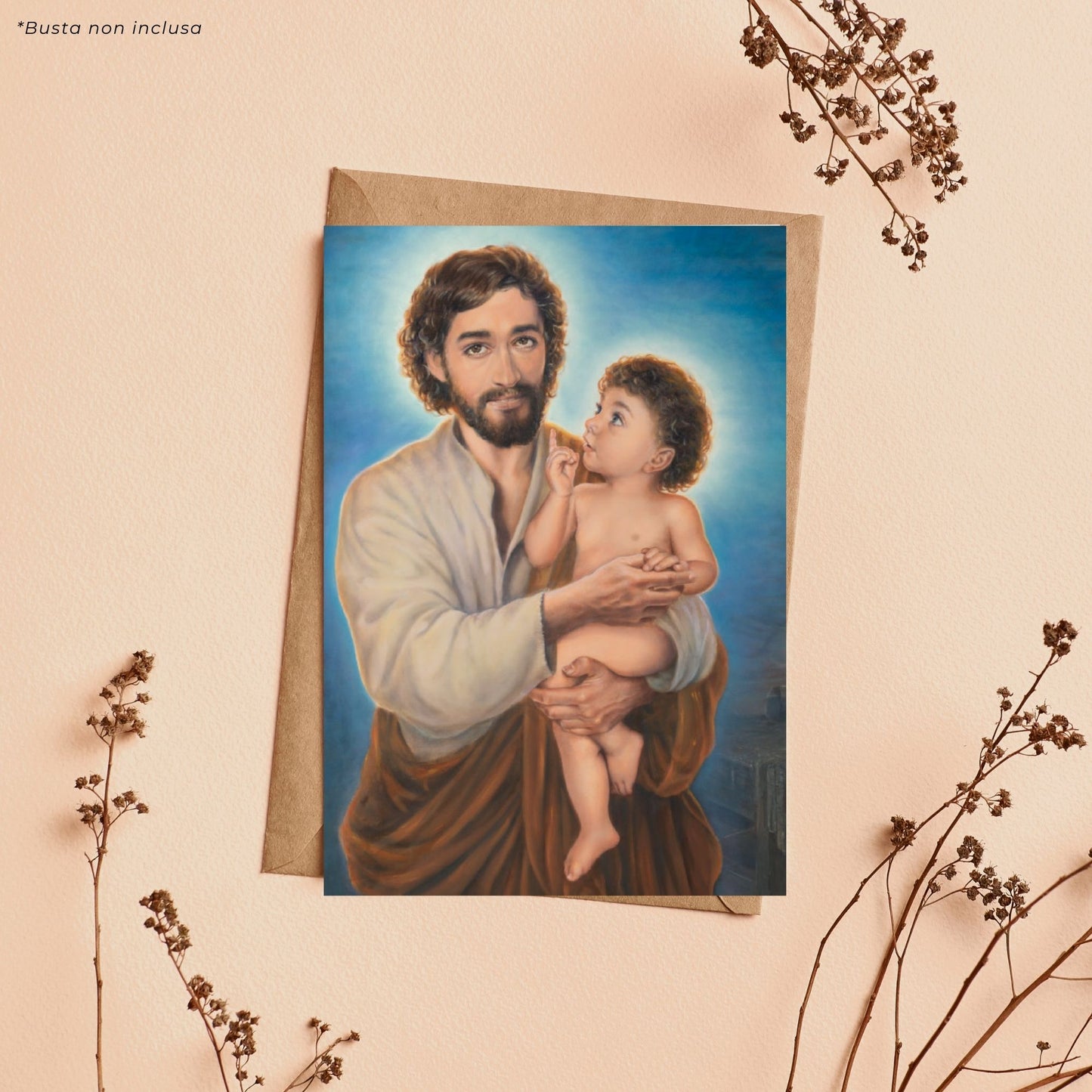 Cartolina san Giuseppe (dipinto di Dawid K.). Sul retro "San Giuseppe, a te ricorriamo"