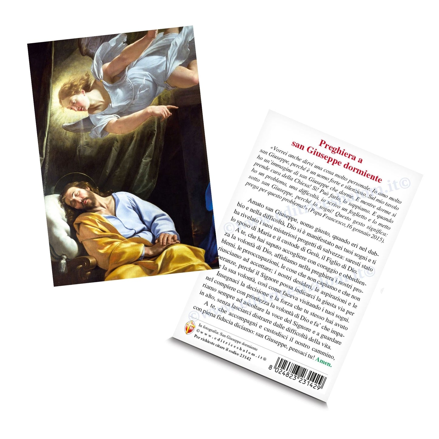 Cartolina San Giuseppe dormiente con retro "Preghiera a San Giuseppe dormiente"