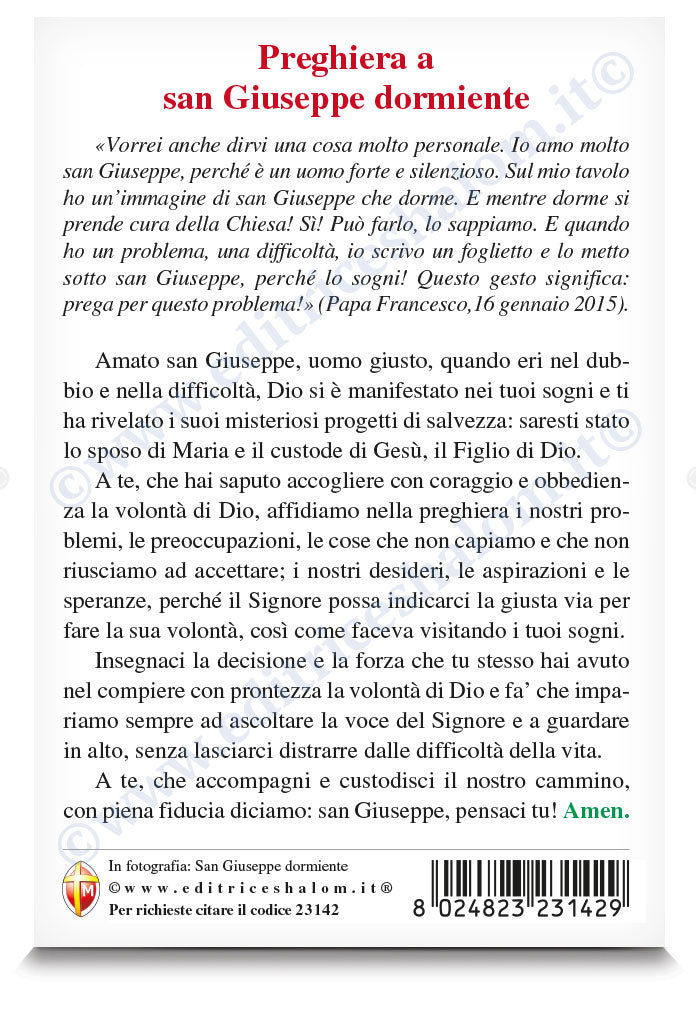 Cartolina San Giuseppe dormiente con retro "Preghiera a San Giuseppe dormiente"