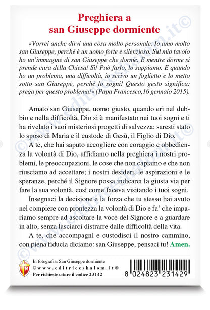 Cartolina San Giuseppe dormiente con retro "Preghiera a San Giuseppe dormiente"