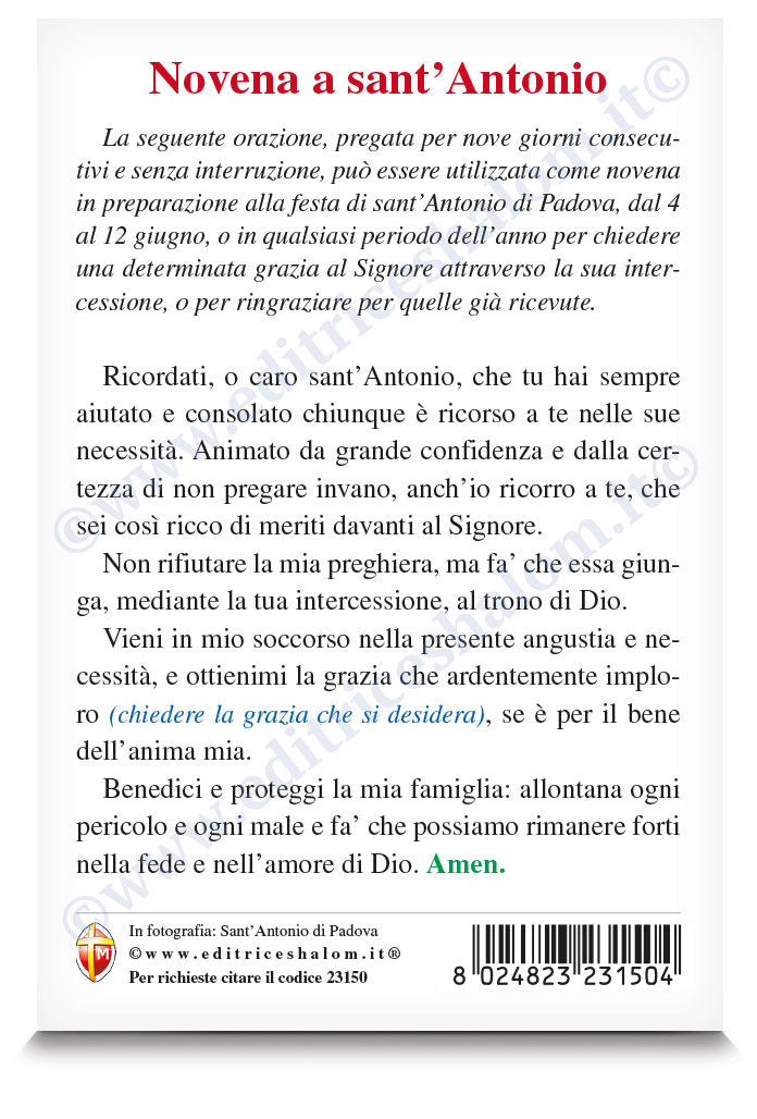 Cartolina sant'Antonio di Padova con Gesù Bambino. Sul retro "Novena a sant'Antonio di Padova"
