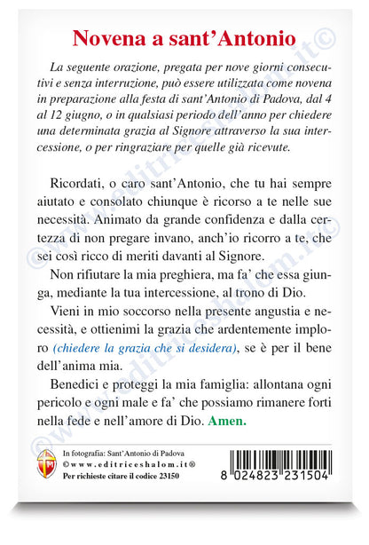 Cartolina sant'Antonio di Padova con Gesù Bambino. Sul retro "Novena a sant'Antonio di Padova"