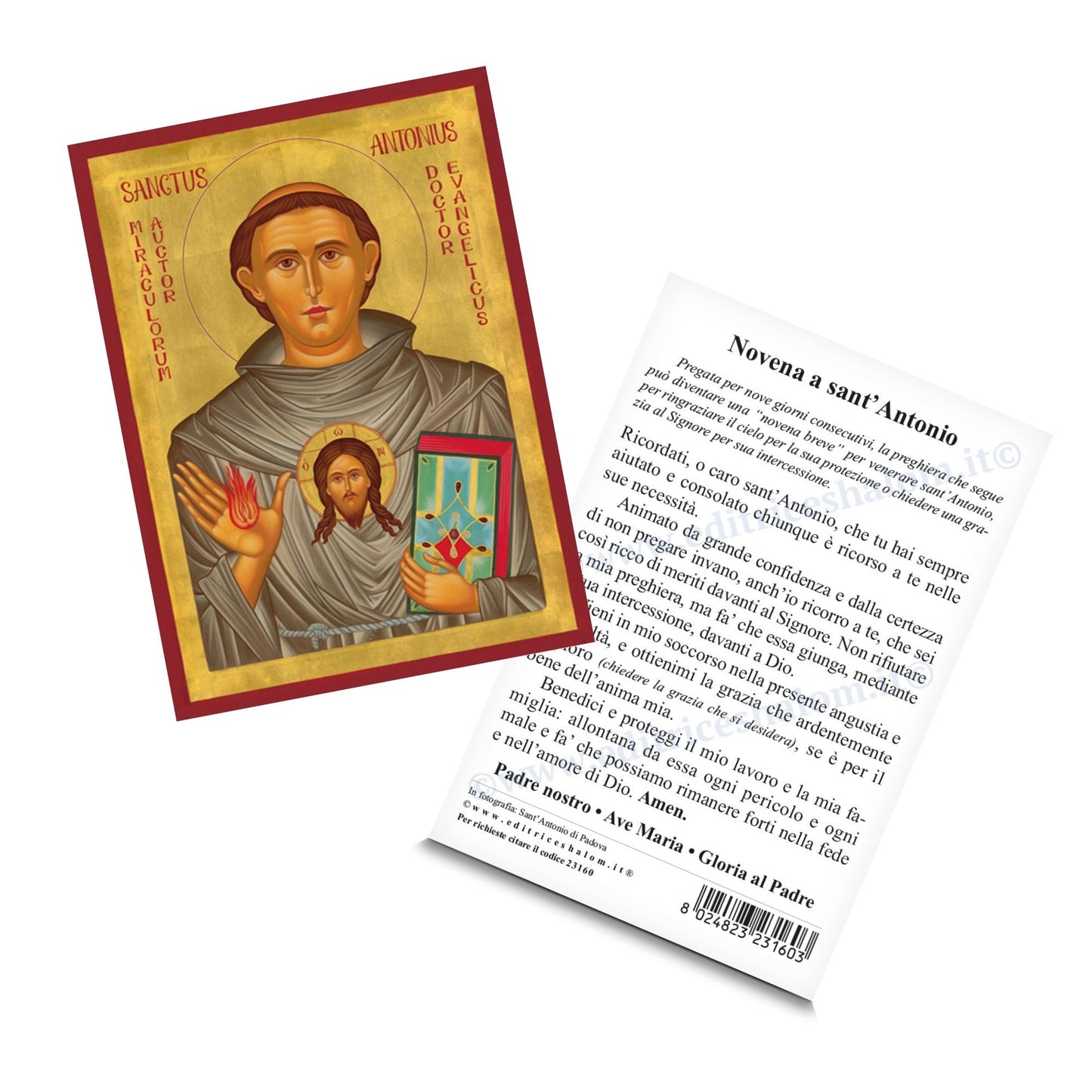 Cartolina icona sant'Antonio di Padova con Gesù Bambino. Sul retro "Novena a sant'Antonio di Padova"