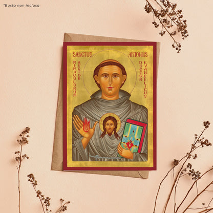 Cartolina icona sant'Antonio di Padova con Gesù Bambino. Sul retro "Novena a sant'Antonio di Padova"