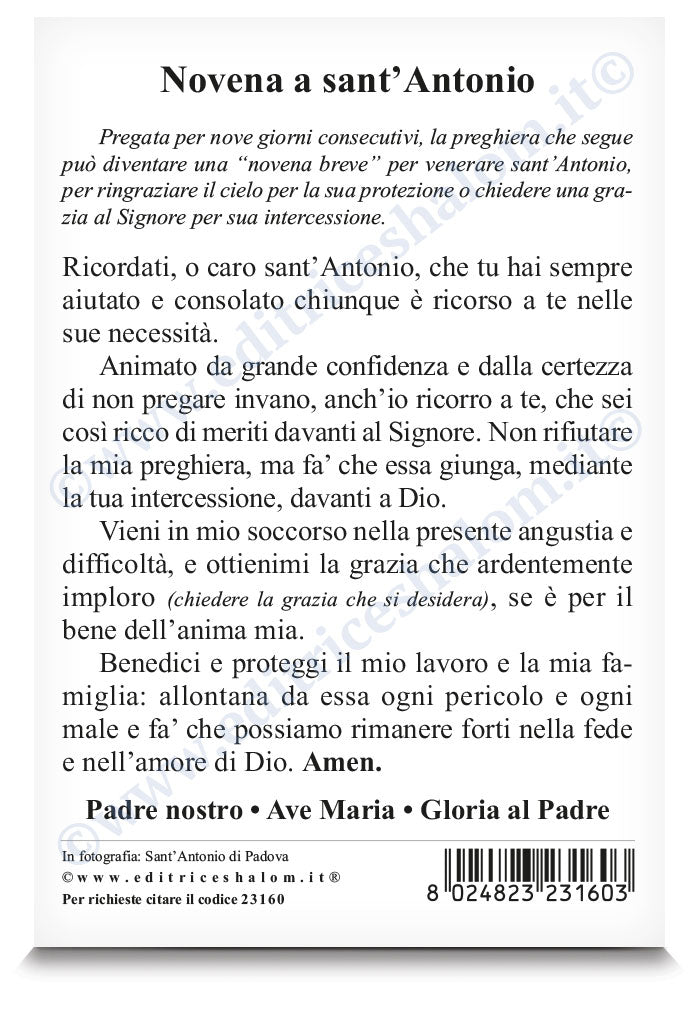 Cartolina icona sant'Antonio di Padova con Gesù Bambino. Sul retro "Novena a sant'Antonio di Padova"