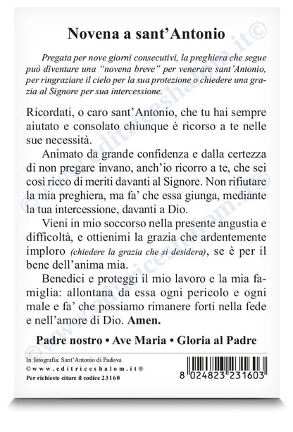 Cartolina icona sant'Antonio di Padova con Gesù Bambino. Sul retro "Novena a sant'Antonio di Padova"