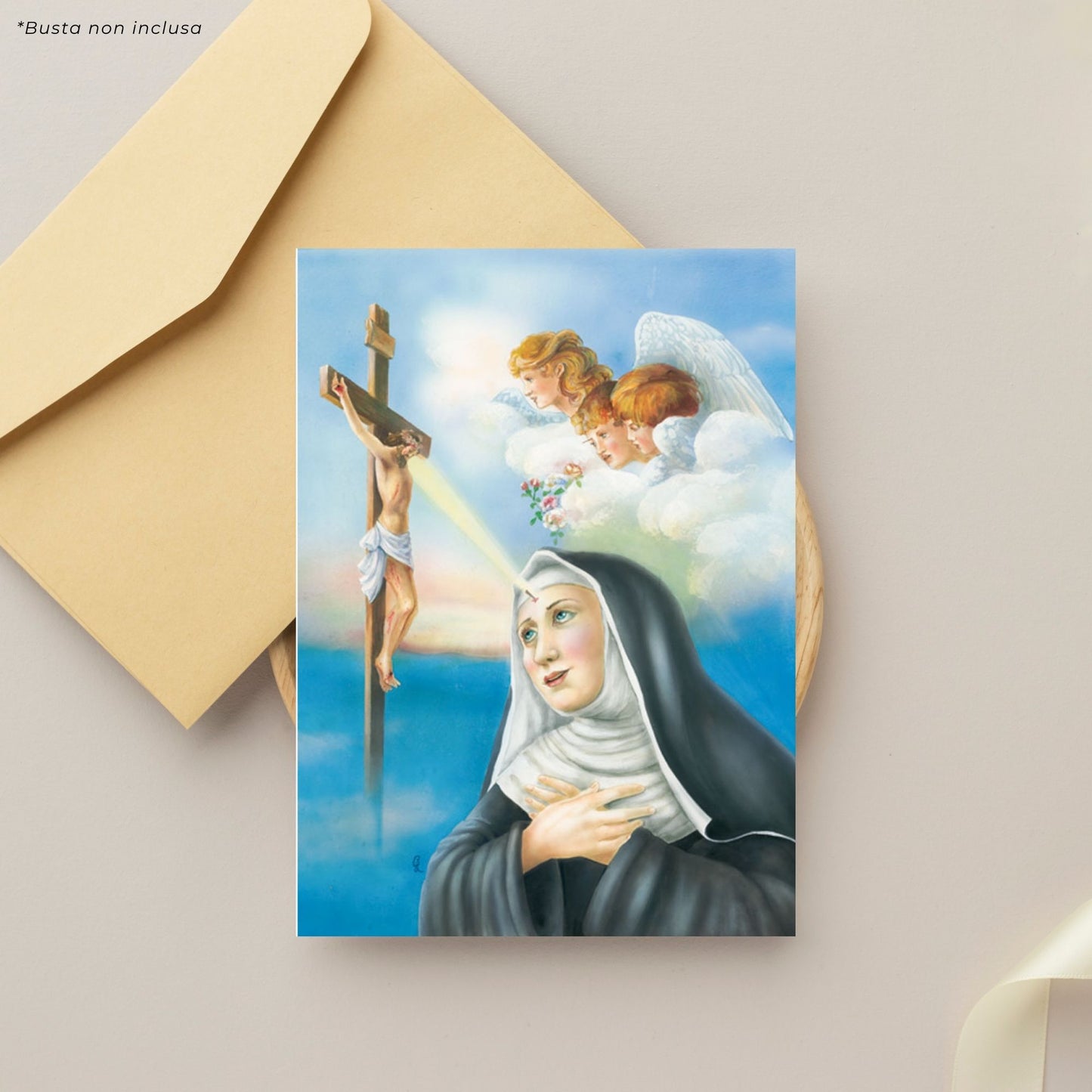 Cartolina santa Rita da Cascia. Sul retro "Preghiera del pellegrino"