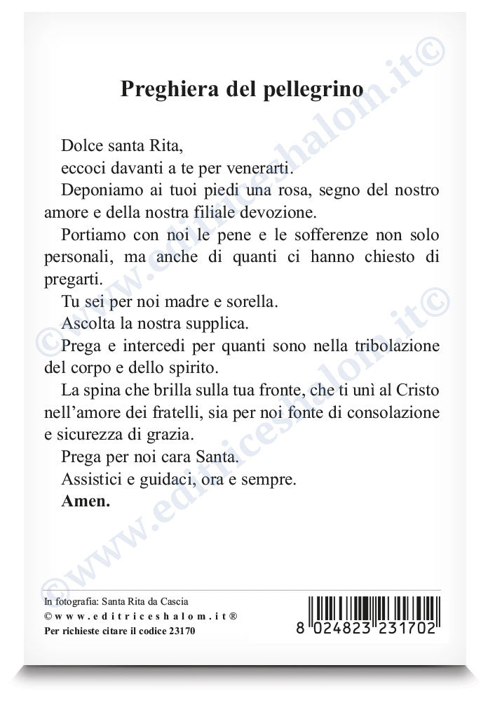 Cartolina santa Rita da Cascia. Sul retro "Preghiera del pellegrino"