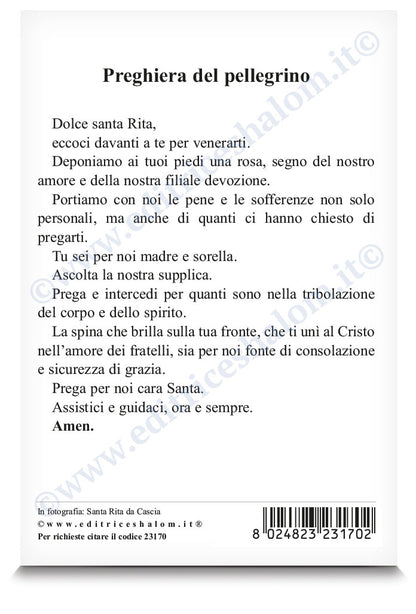 Cartolina santa Rita da Cascia. Sul retro "Preghiera del pellegrino"