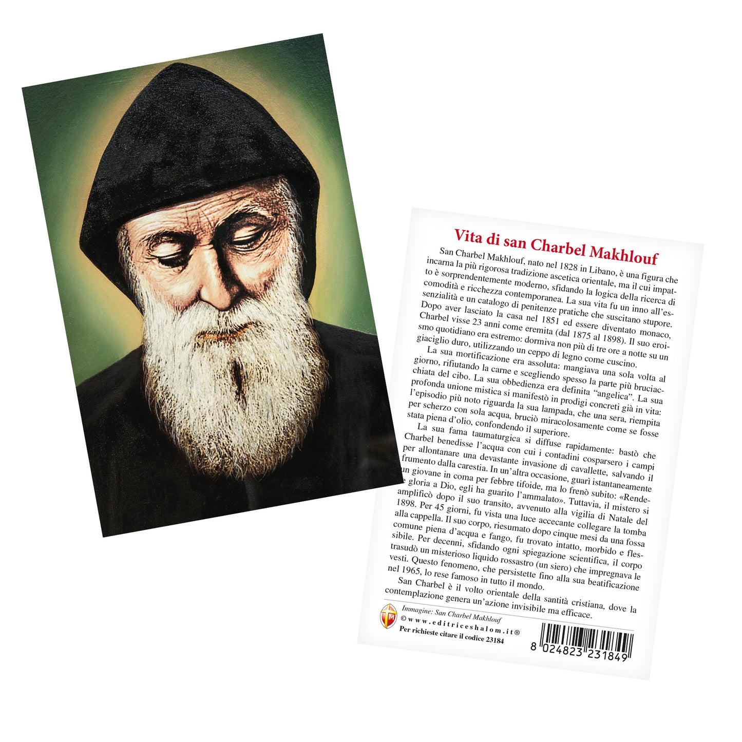 Cartolina san Charbel con retro "Vita di san Charbel Makhlouf"