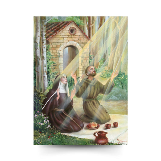 Cartolina san Francesco e santa Chiara. Sul retro "Novena ai santi Francesco e Chiara"