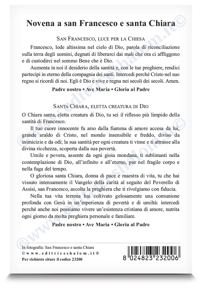 Cartolina san Francesco e santa Chiara. Sul retro "Novena ai santi Francesco e Chiara"