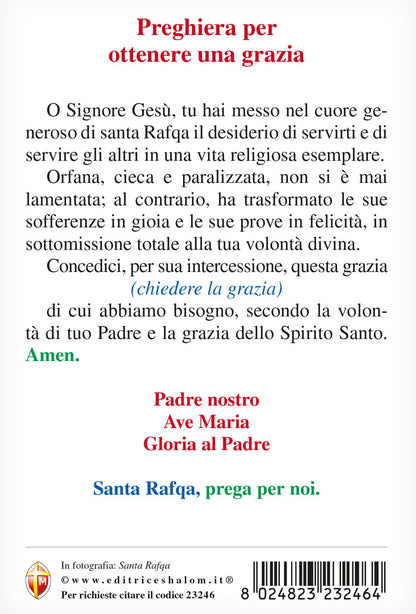 Cartolina Santa Rafqa con retro "Preghiera per ottenere una grazia"