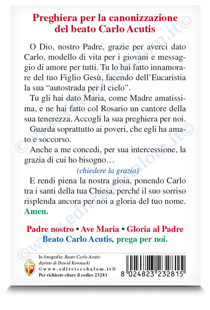 Cartolina Beato Carlo Acutis con preghiera per la canonizzazione 10x15 cm