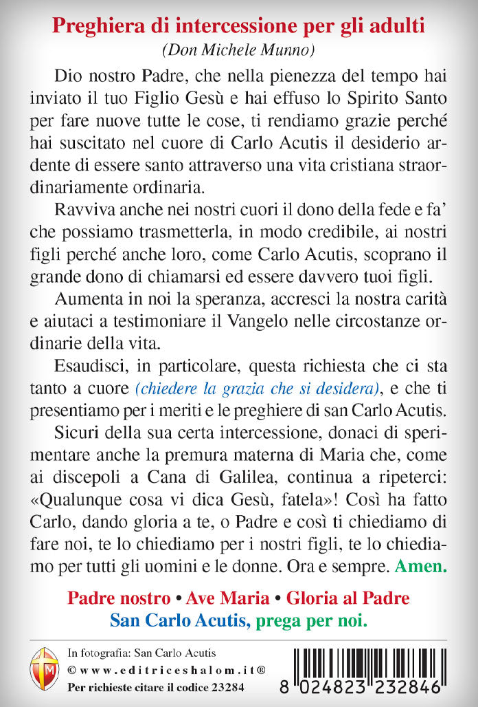 Cartolina San Carlo Acutis con retro preghiera di intercessione per gli adulti cm 10x15