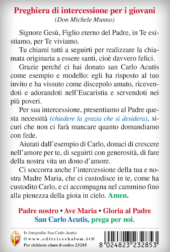Cartolina San Carlo Acutis con retro preghiera di intercessione per i giovani cm 10x15