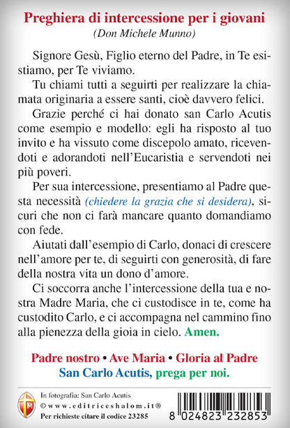 Cartolina San Carlo Acutis con retro preghiera di intercessione per i giovani cm 10x15