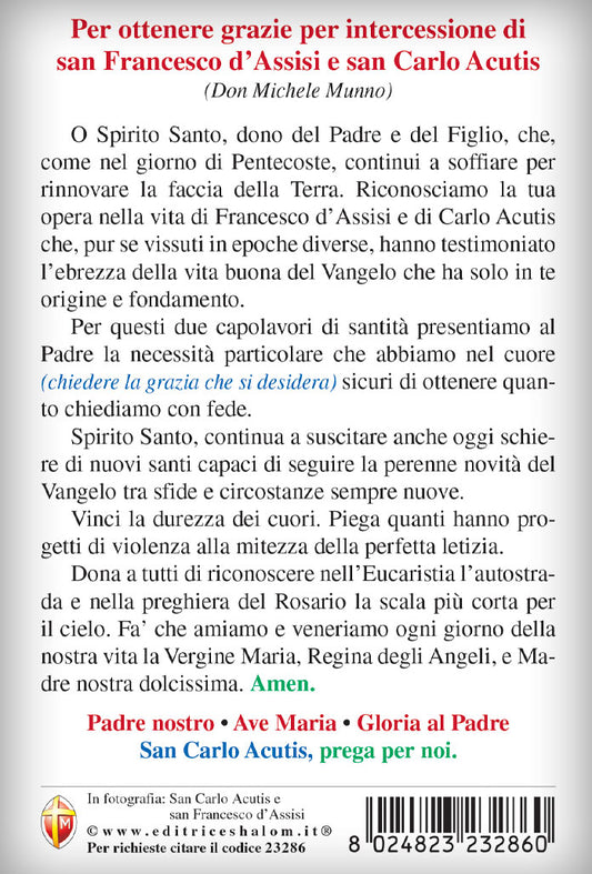 Cartolina San Carlo Acutis con retro preghiera per ottenere grazie per intercessione di S.Francesco e S.Carlo Acutis
