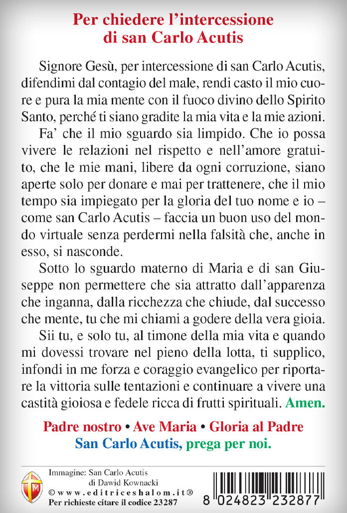 Cartolina San Carlo Acutis con retro preghiera per chiedere intercessione di San Carlo Acutis