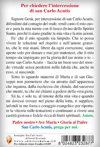 Cartolina San Carlo Acutis con retro preghiera per chiedere intercessione di San Carlo Acutis