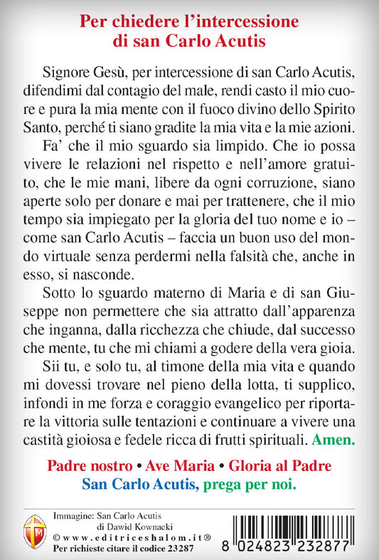 Cartolina San Carlo Acutis con retro preghiera per chiedere intercessione di San Carlo Acutis