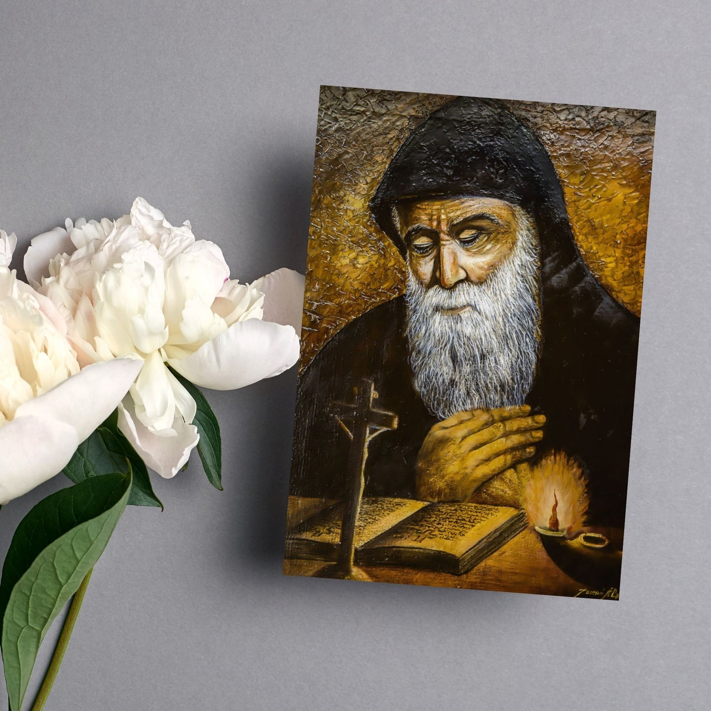 Cartolina San Charbel con retro "Preghiera per ottenere una grazia"