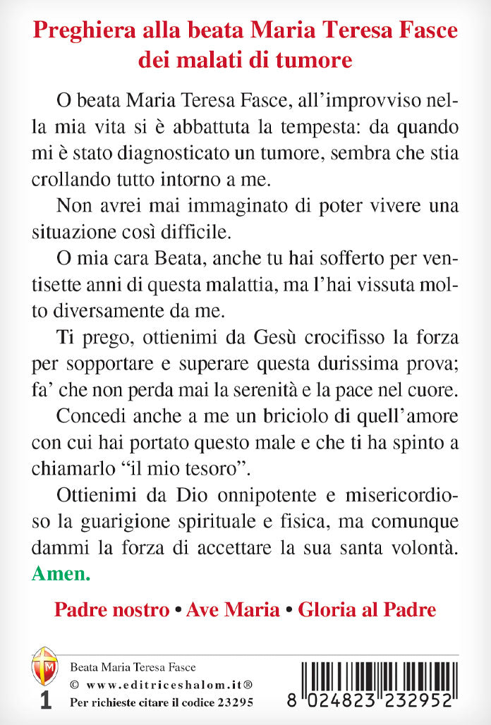 Cartolina Beata Fasce con retro "Preghiera alla beata Maria Teresa Fasce dei malati di tumore"