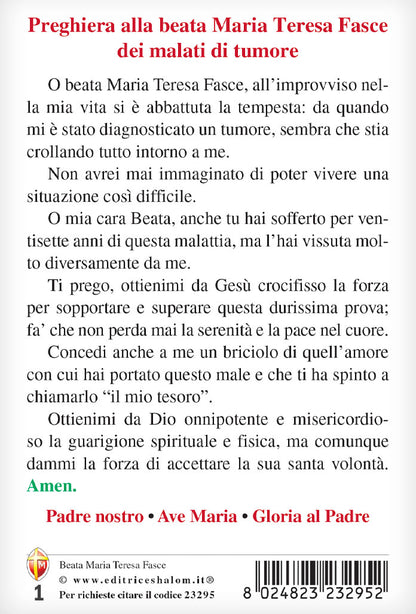 Cartolina Beata Fasce con retro "Preghiera alla beata Maria Teresa Fasce dei malati di tumore"